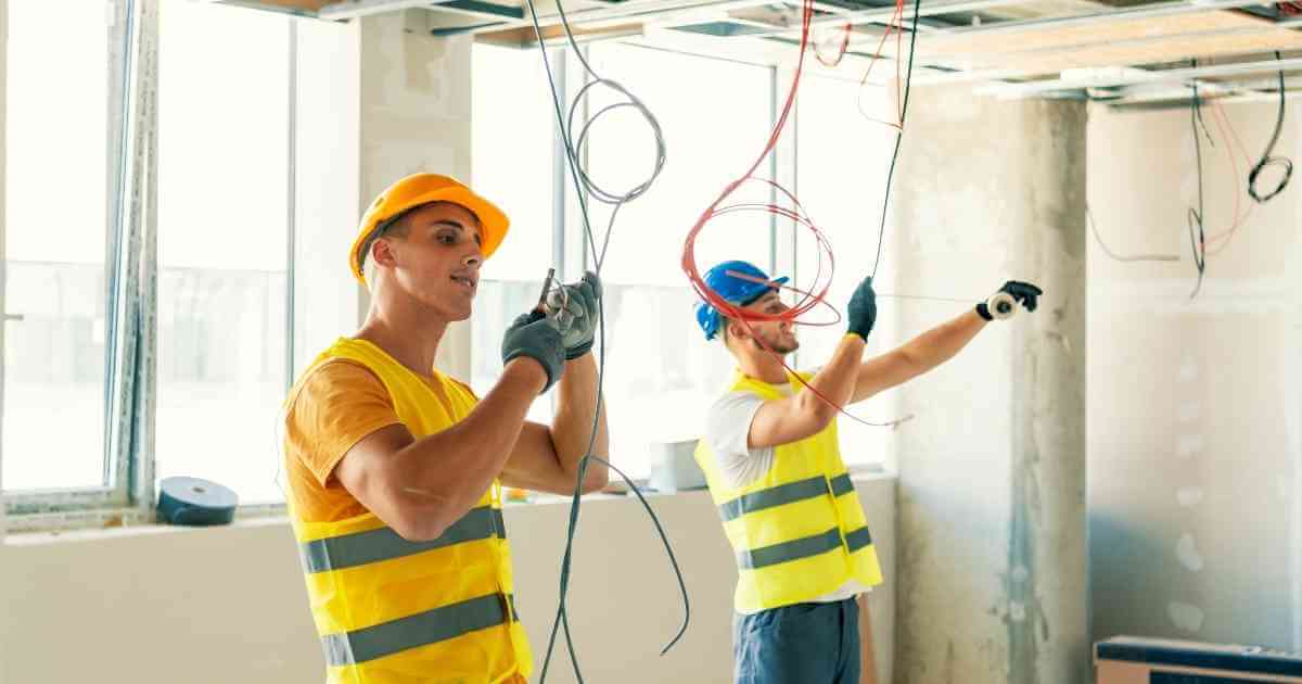 Two men wearing protective gear while fixing electrical wiring