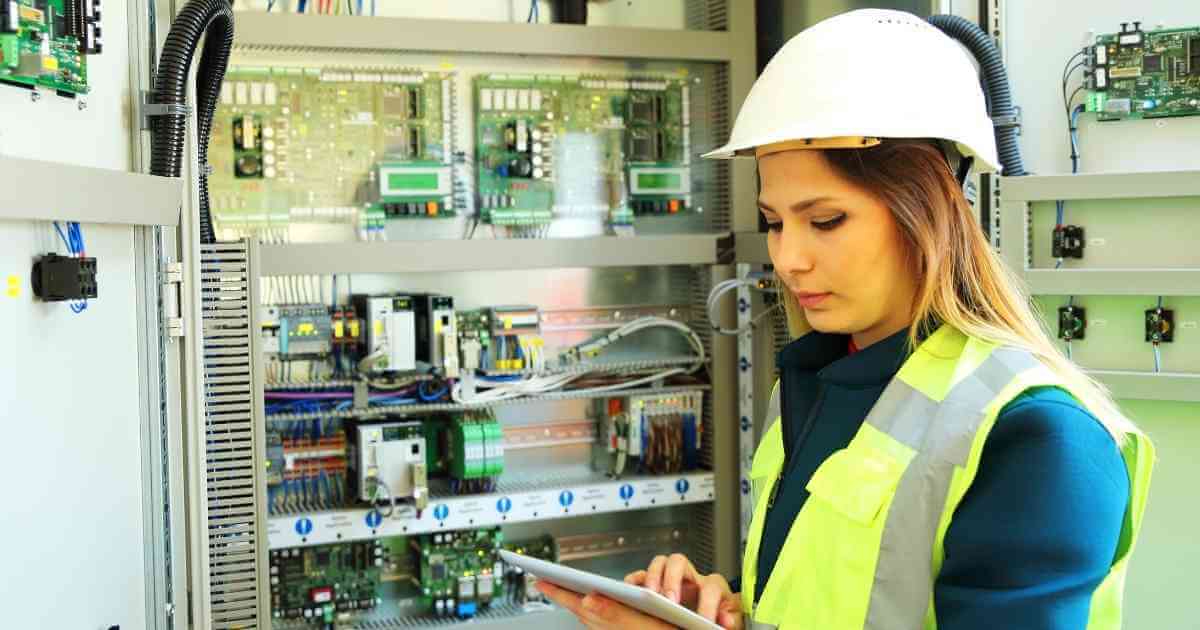 Woman wearing protective gear while using her tablet