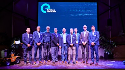 The first-ever Rental eSummit took place in September 2024 in Amsterdam. The one-day event, hosted by Vanguard, Briggs & Stratton’s commercial power solution brand, provided an exciting first opportunity for stakeholders of the rental business market to participate in pivotal discussions around the pressing issue of electrification in the rental industry. Speakers at the event are (from left to right) Nick Moore (Briggs & Stratton | Vanguard), Sjoerd van de Velde (Briggs & Stratton | Vanguard), Anders Olsson (EqLab), Nicholas P. Schomer (SiteOne), Prins Doornekamp (NOWOS), Murray Pollok (KHL, IRN), Jon Overman (HSS Hire), Klāvs Otisons (ERA Technical Committee), and David Frank (Briggs & Stratton | Vanguard).